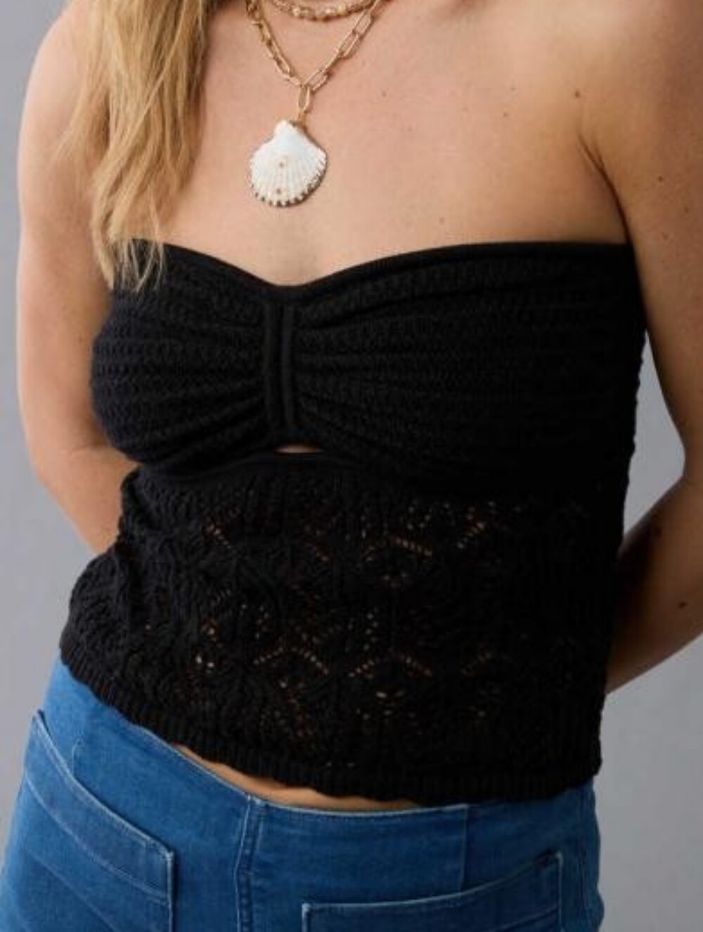 American Eagle Black Strapless Crochet Tube Top XL